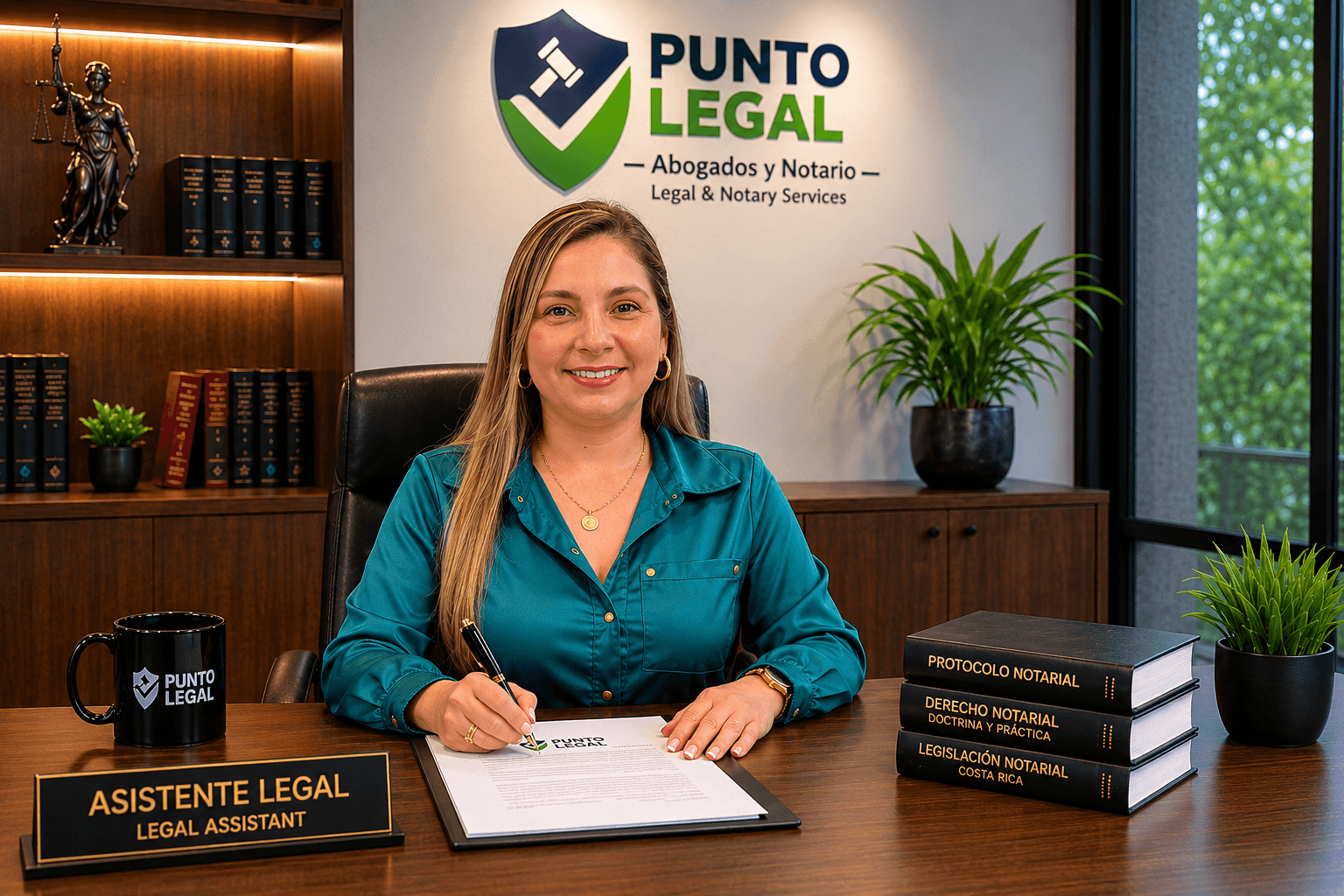 Asistente legal y notarial en oficina moderna de Punto Legal en Costa Rica firmando documentos legales y notariales.